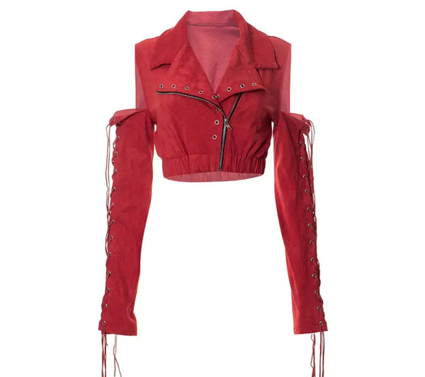 Lace me up Women's Hollow Out Zip Front Cropped Jacket - Red