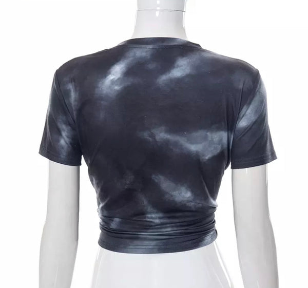 Aria short sleeve tie front top - Dark blue/combo